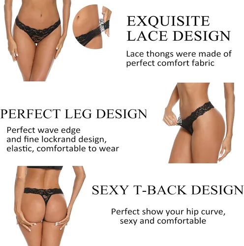 Vista 6 de Riozz Tangas de encaje para mujer, bragas sexys de cintura baja, tangas en T, ropa interior para mujer, paquete de 5, S-XL