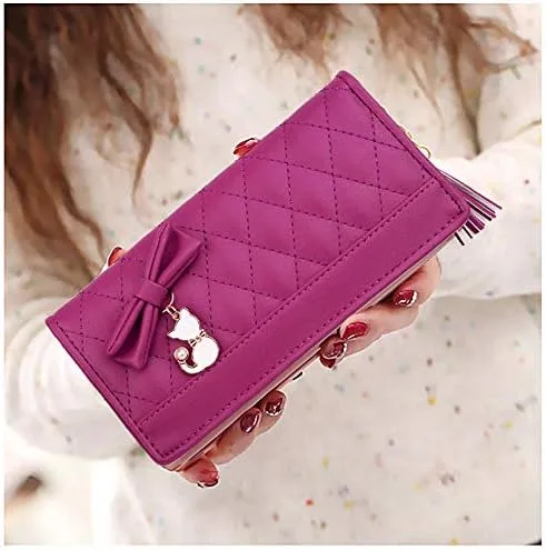 Vista 2 de UTO Cartera de piel sintética para mujer, de gran capacidad, colgante de gato, soporte para teléfono, organizador de chequera, con cremallera