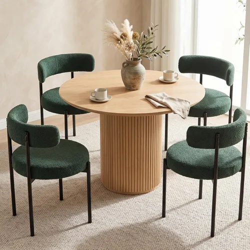 Vista 22 de Juego de 2 sillas de comedor Boucle, sillas de comedor beige con asiento tapizado y respaldo redondo, sillas de cocina modernas de mediados de siglo