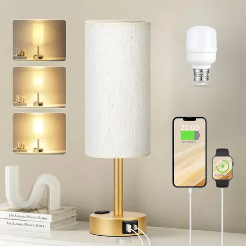 Vista 14 de Fenmzee Juego de lámparas de mesa pequeñas táctiles regulables de 2 a 3 vías, carga USB A + C, salida de CA, base de grano de madera, bombillas