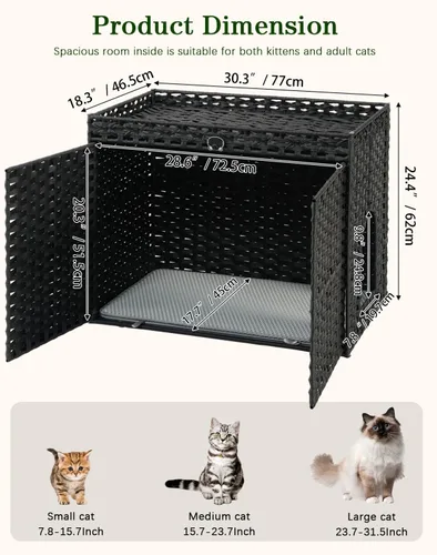 Vista 5 de SETVSON Muebles de caja de arena para gatos, caja de arena oculta, armario de arena para gatos con 2 alfombrillas de arena, casa de gato tejida a