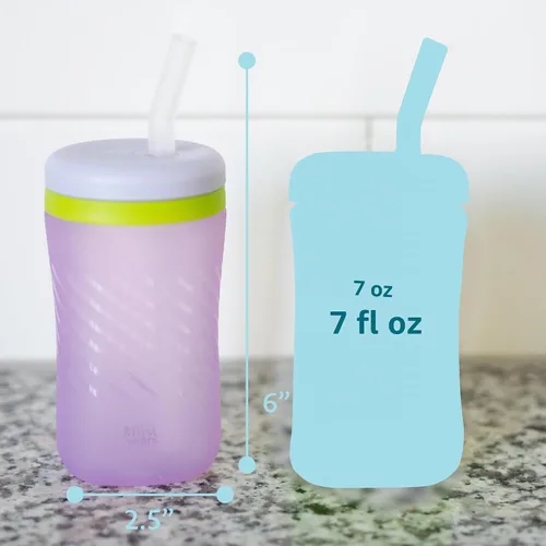 Vista 5 de The First Years Squeeze & Sip - Vaso con popote de silicona, color verde y morado Spill-Proof Toddler Training Cups, Dishwasher Safe, 7 oz, 2