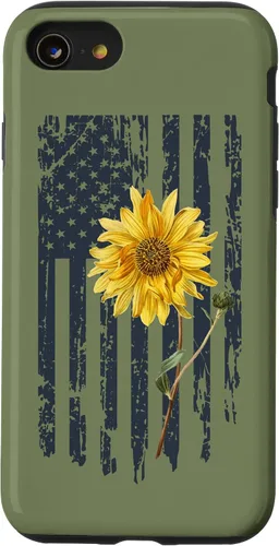Vista 18 de iPhone 16 Yellow Sunflower Patriotic US American Flag Women Sage Green Case
