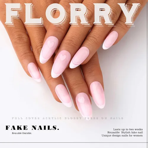 Vista 3 de Florry Uñas postizas cortas a presión para el día de San Valentín, uñas postizas cortas con corazón rosa para mujer, uñas postizas de almendra