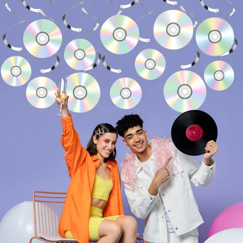 Vista 8 de Decoraciones de remolinos colgantes para fiestas de los años 90, decoraciones retro para fiestas musicales de los años 90, decoraciones de fiesta