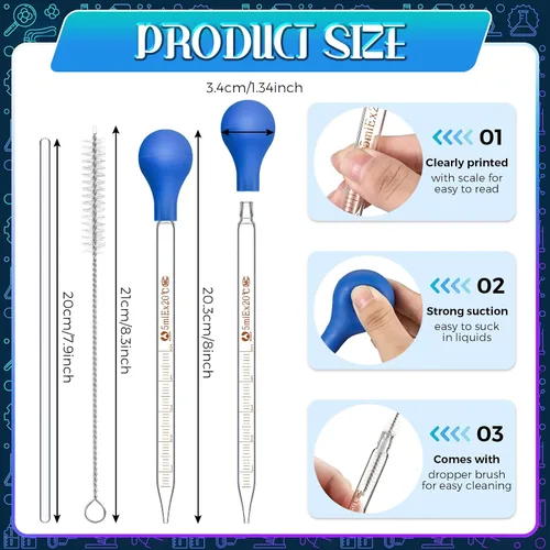 Vista 4 de Weewooday Pipetas de vidrio con goteros de vidrio graduados para laboratorio, pipeta líquida con sombreros de goma grandes de 7.9 in, varilla