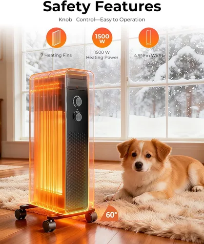 Vista 2 de ZAFRO 1500 W Calentador Eléctrico de Radiador Lleno de Aceite con Termostato Ajustable, Protección Contra Sobrecalentamiento y Vuelco, Bajo Nivel