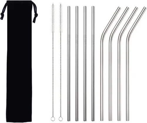 Vista 4 de Pajitas de metal con cepillo de limpieza para beber de acero inoxidable reutilizable (2 rectas+2 dobladas+1 cepillo)