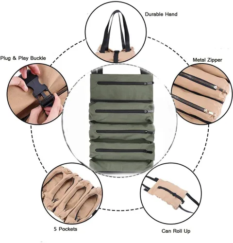 Vista 3 de Bolsa de herramientas enrollable, bolsa enrollable para llaves, organizador de herramientas de lona multiusos para cubo, kit de automóvil, bolsa