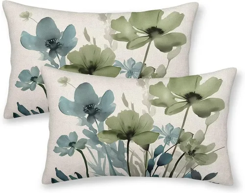 Vista 22 de AEIOAE Juego de 2 fundas de almohada florales azules y marrones de 16 x 16 pulgadas, fundas de almohada decorativas de flores de acuarela