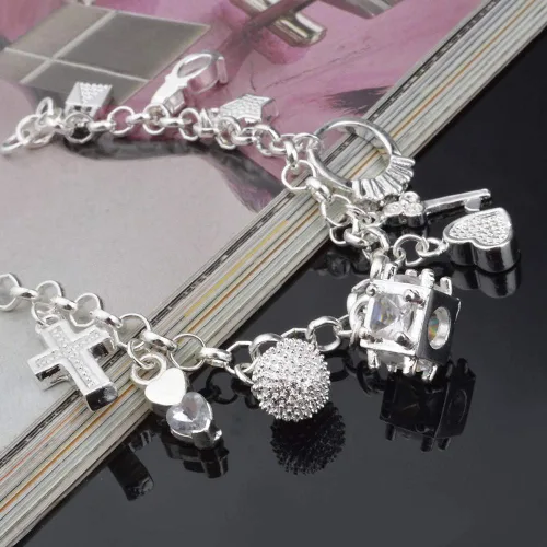 Vista 5 de Aeora Pulsera de plata S925 de trece piezas colgantes para mujer, pulseras de regalo y brazaletes de joyería, Plata