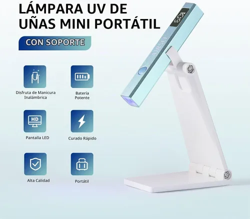 Vista 2 de AIRSEE Mini lámpara de uñas inalámbrica con pantalla y soporte para uñas de Verde menta con soporte