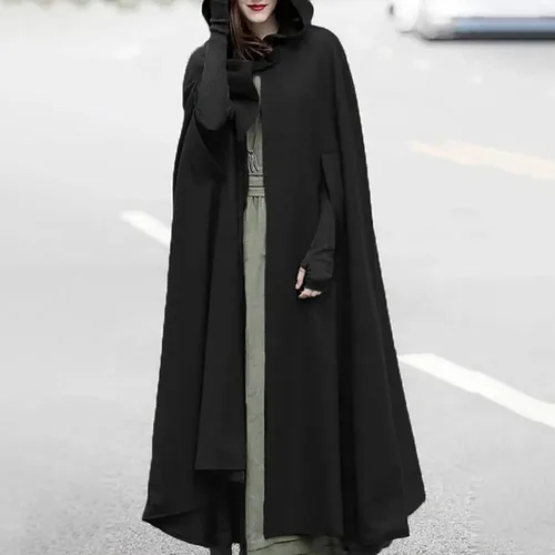 Vista 2 de Gabardina larga gótica para mujer, capa larga para otoño e invierno, bata, mezcla de lana, capa con capucha, capa larga