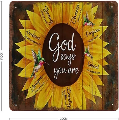 Vista 2 de Letrero de hojalata vintage con diseño de colibrí y girasol, Dios dice que eres fuerte, único, precioso, encantador, antiguo, letrero de pared