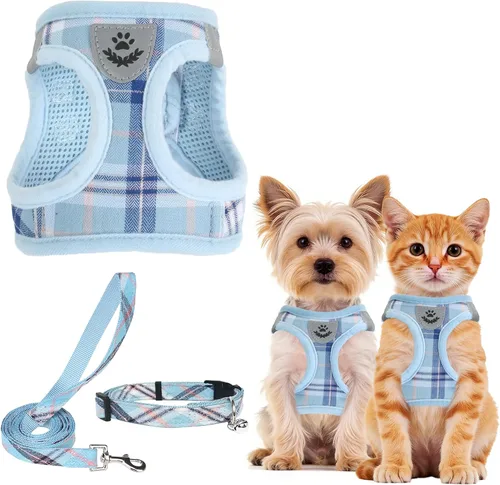 Vista 12 de PUPTECK - Arnés, collar y correa ajustables, sin tirones, para perros pequeños y medianos, cachorros y gatos, pechera reflectante acolchada de malla
