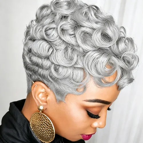 Vista 10 de MOONSHOW - Pelucas cortas de corte Pixie para mujeres negras, peluca de corte Pixie marrón Short Pixie Wigs for Black Women Natural Layered Short