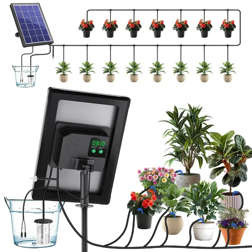 Vista 8 de Kit de riego por goteo automático Biling, sistema de riego solar de 8W con batería para jardín con modos de temporización programables digitales