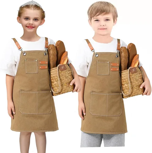Vista 6 de 2 unids niños lona delantal para niño y niña cocina pintura herramienta de trabajo niños delantal