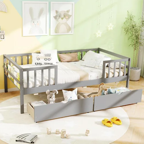 Vista 3 de KOMFOTT Base de cama individual de madera con rieles de valla y 2 cajones extraíbles, marco de cama individual para niños con estante lateral,