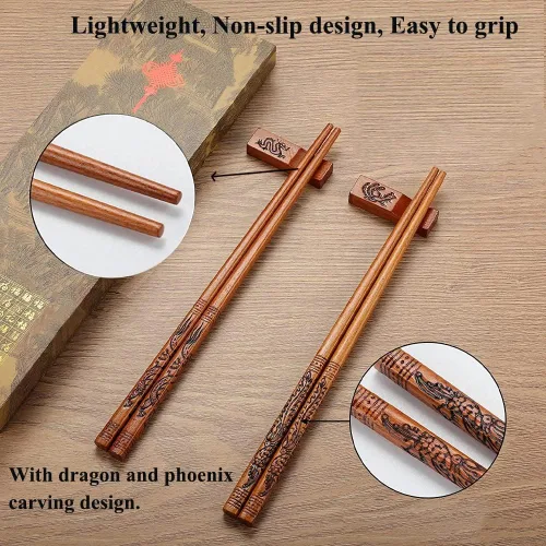 Vista 2 de Palillos reutilizables de estilo chino, palillos de dragón y fénix con soporte y bolsa de transporte, juego de palillos de madera natural (2 pares)