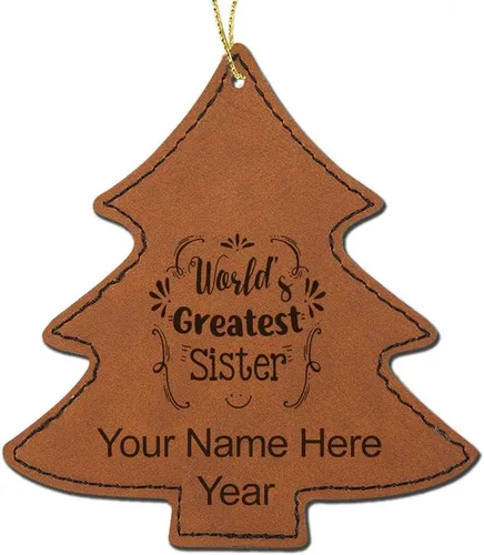 Vista 7 de LaserGram Personalized Christmas Ornament, World's Greatest Sister, Faux Leather, Custom Laser Engraved Gift Idea (Tree Shape, Black)