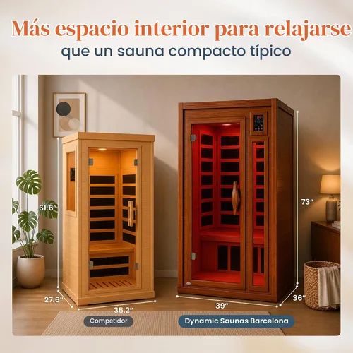 Vista 8 de DYNAMIC SAUNAS Barcelona - Sauna de infrarrojos lejanos de baja EMF para 1 a 2 personas con terapia de luz roja y altavoces Bluetooth Sauna