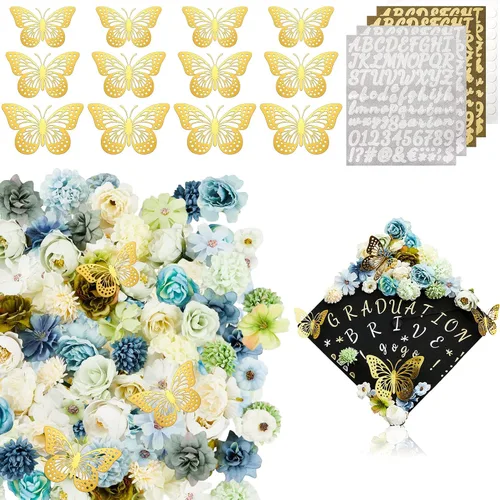 Vista 9 de Hanaive Kit de decoración de 76 piezas de birrete de graduación, incluye flores sintéticas 3D mariposa alfabeto letras calcomanías para graduación
