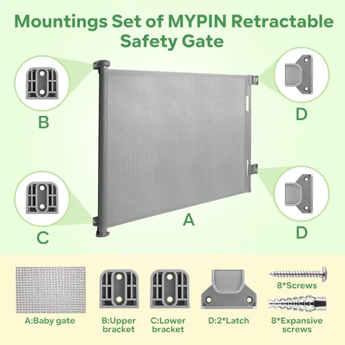 Vista 2 de Kit de piezas de repuesto retráctil para puerta de bebé, juego completo de accesorios de montaje en pared con soportes, anclajes y tornillos (gris)