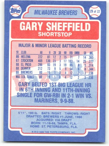 Vista 2 de Béisbol MLB 1989 Bazooka #19 Gary Sheffield NM-MT Cerveceros