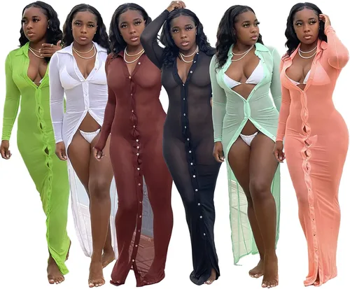 Vista 4 de Vestido largo para traje de baño para mujer, de manga larga, con botones, malla transparente, ajustado, para playa