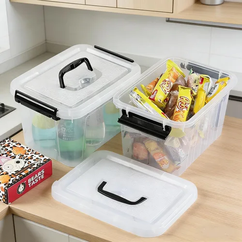 Vista 5 de Caja de almacenamiento transparente de 6.5 cuartos de galón con asa, paquete de 4 recipientes de plástico con tapa