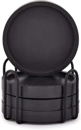 Vista 2 de Posavasos de madera para mesa de café, posavasos redondos con soporte para protección de mesa, juego de 4 (4 x 4 x 0.5 pulgadas) (negro)