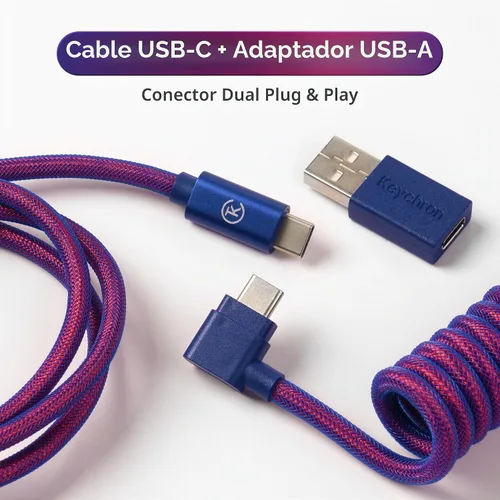 Vista 5 de Keychron Cable morado en ángulo USB-C en espiral premium, conector de metal desmontable GX16 de 5 pines, adaptador USB-A, diseño de doble manga