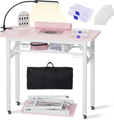 Vista 13 de Mesa de manicura plegable portátil con colector de polvo, escritorio de tecnología de uñas rodante con lámpara LED, reposamuñecas, ruedas