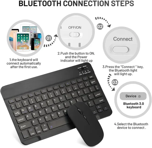 Vista 7 de Combo de Teclado y Ratón Bluetooth Recargable Portátil Conjunto de Teclado y Ratón Inalámbrico para Apple iPad iPhone iOS 13 y Superior Samsung Negro