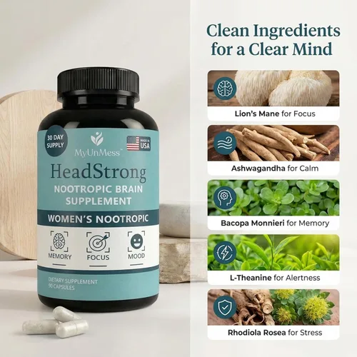 Vista 6 de HeadStrong - Suplemento cerebral nootrópico para mujeres, alivio de niebla cerebral y claridad mental, melena de león, Ashwagandha, L-teanina, apoyo
