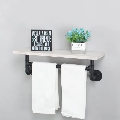 Vista 4 de MBQQ Estantes de tubería para baño en negro y blanco con toallero sobre el inodoro, estantes flotantes de 24 pulgadas de madera de pino para montaje