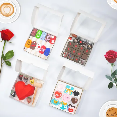 Vista 7 de RomanticBaking 14 cajas de panadería de 9 x 9 x 2.5 pulgadas con ventana para pastel, corazón quebradizo, fresas cubiertas de chocolate, galletas
