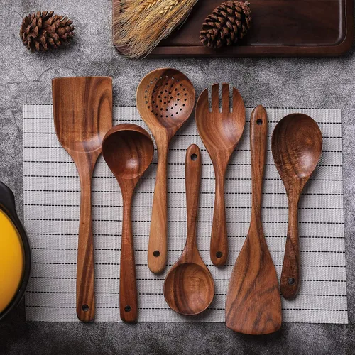 Vista 5 de Juego de herramientas de cocina antiadherente de madera, juego de 7 piezas, espátula de cocina de teca 100% natural, utensilios de cocina de madera