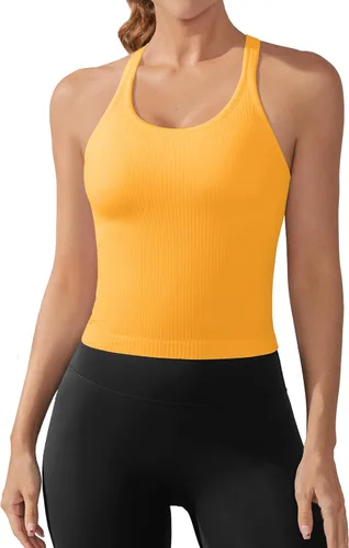 Vista 137 de ATTRACO Camiseta corta acanalada de entrenamiento para mujer con brasier integrado para yoga, espalda cruzada, ajuste ajustado