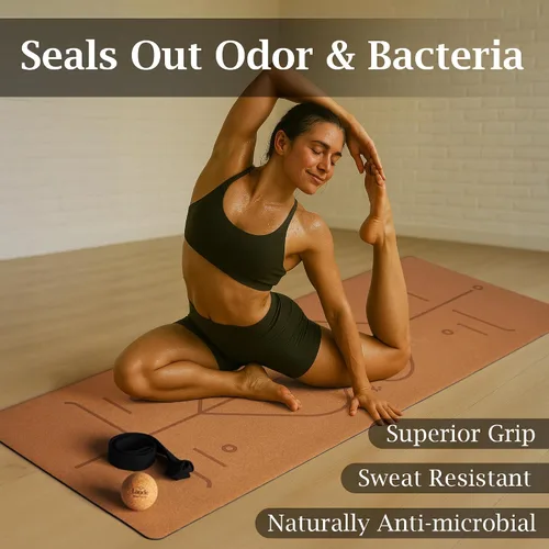 Vista 7 de Laude Juego de tapete de yoga de corcho + pelotas, tapete de yoga antideslizante sostenible con correa, tapete de yoga grueso, tapete de pilates