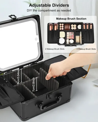 Vista 2 de Relavel - Bolsa de maquillaje con espejo LED, estuche de maquillaje para viajes en tren con espejo iluminado recargable y divisores ajustables Negro