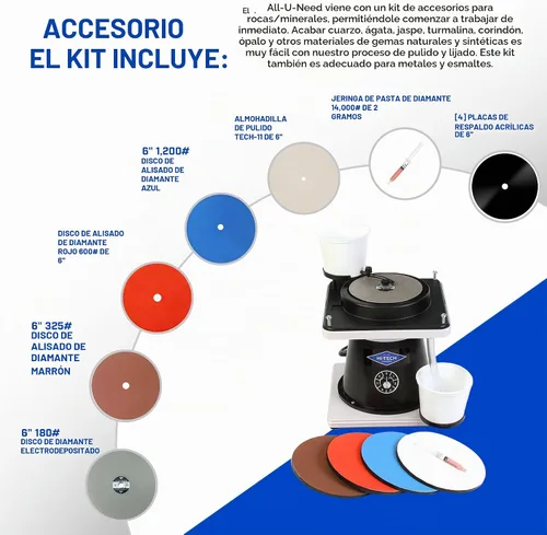 Vista 3 de Hi-Tech Diamond Equipo Lapidario Todo lo que Necesitas de 6", Flat Lap - Herramienta Amoladora y Pulidora de Rocas, Motor de Velocidad Variable