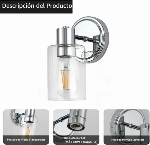 Vista 3 de Apliques de Pared de Baño de 2 Luces con Cristal Transparente, Luces de Pared de Baño Sobre Espejo, Luces de Tocador Cromadas con Base E26
