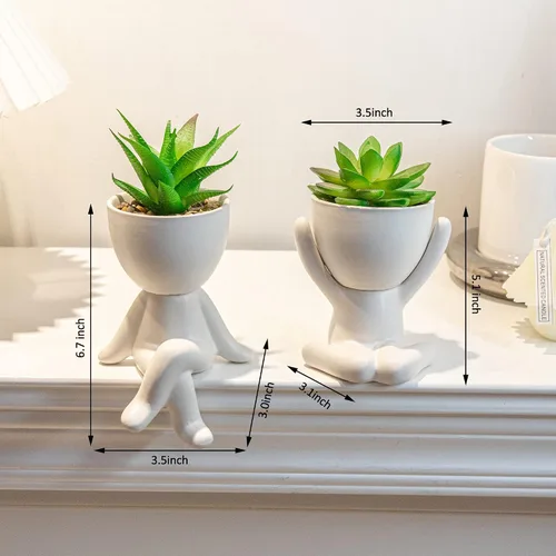 Vista 5 de 2 PCS Plantas Artificiales Suculentas Únicas Decoración de Oficina para Mujeres y Hombres, Pequeñas Plantas Falsas con Macetas en Forma Humana