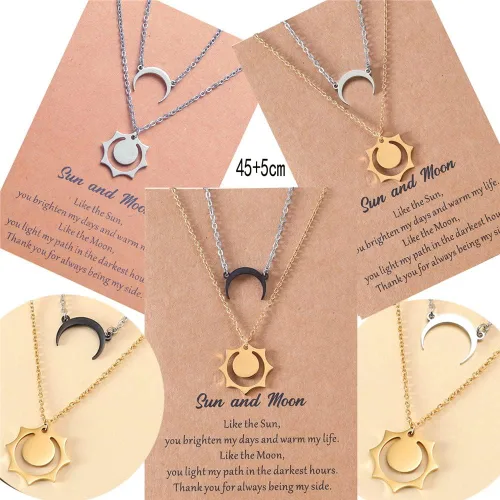 Vista 6 de Collar de sol y luna para parejas, día de San Valentín, pareja, collar de BFF para 2 parejas a juego, luna creciente, sol, collar de acero