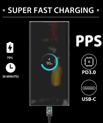 Vista 6 de Cargador súper rápido USB C de 45 W, cargador de teléfono Android de carga rápida de 45 W, compatible con Samsung Galaxy S25 Negro-6ft-1pack