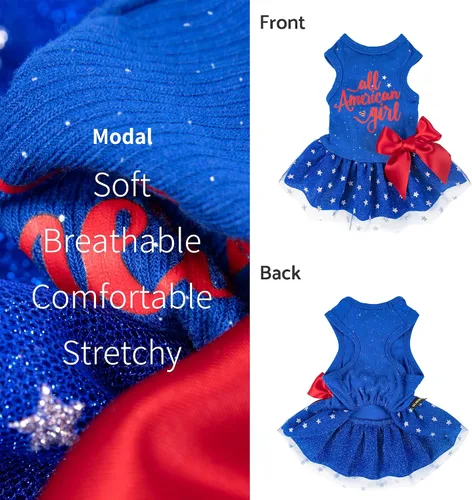 Vista 3 de Fitwarm All American Girl Vestido para Perros - Vestido Patriótico de Tul para Perros Pequeños, Azul Real, Rojo, Blanco, XXS