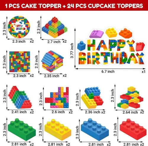 Vista 2 de 25 piezas de bloques de construcción con temática de feliz fiesta de cumpleaños, decoración de cupcakes, decoración de decoración de construcción