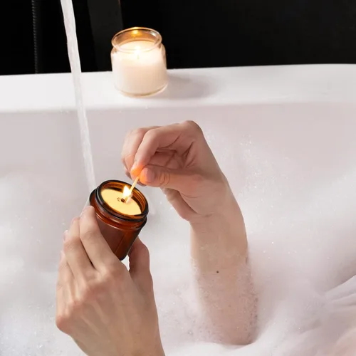 Vista 9 de Tarros de vela de vidrio con tapas de corcho, 4 unidades, 3.4 fl oz, recipientes de velas perfumadas vacíos redondos, tazas de té, soporte